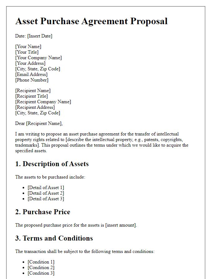 Letter template of asset purchase agreement proposal for intellectual property rights