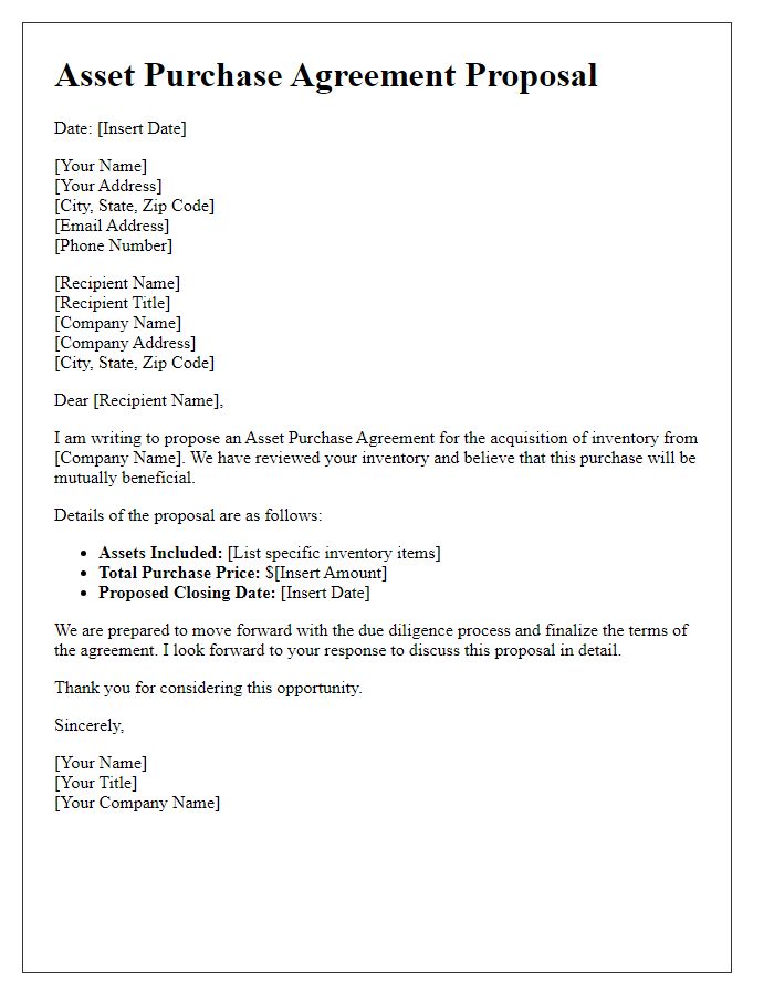 Letter template of asset purchase agreement proposal for inventory purchase