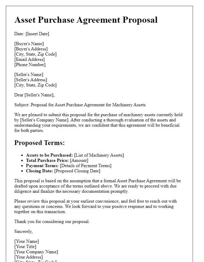 Letter template of asset purchase agreement proposal for machinery assets