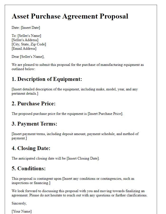 Letter template of asset purchase agreement proposal for manufacturing equipment