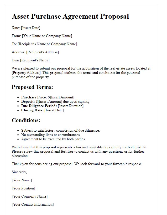 Letter template of asset purchase agreement proposal for real estate acquisition