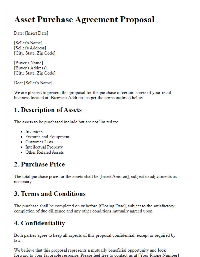 Letter template of asset purchase agreement proposal for retail business assets