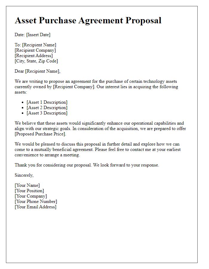 Letter template of asset purchase agreement proposal for technology assets