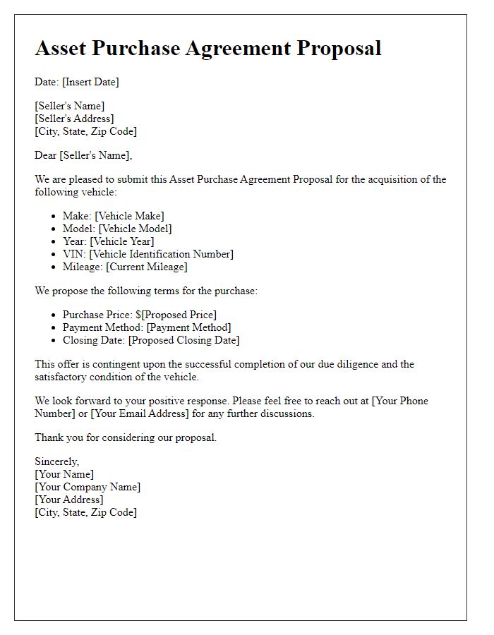 Letter template of asset purchase agreement proposal for vehicle acquisition