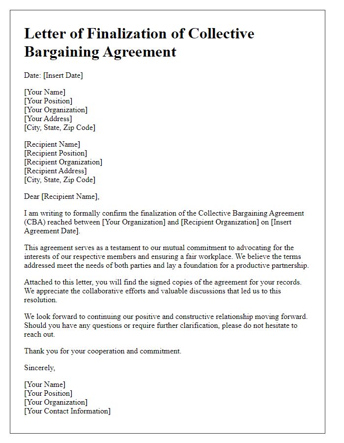 Letter template of collective bargaining agreement finalization