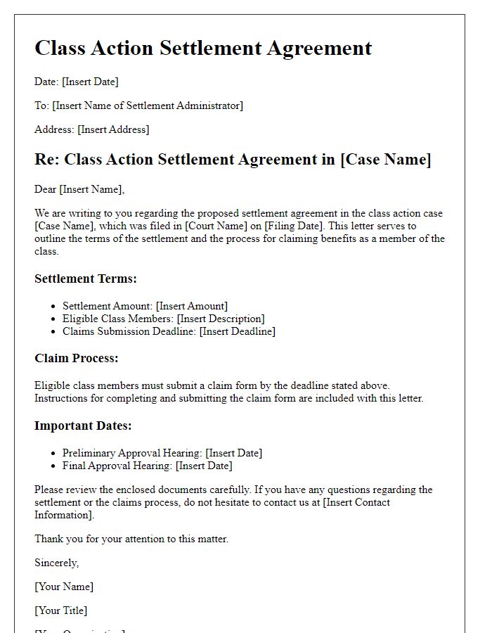 Letter template of class action settlement agreement