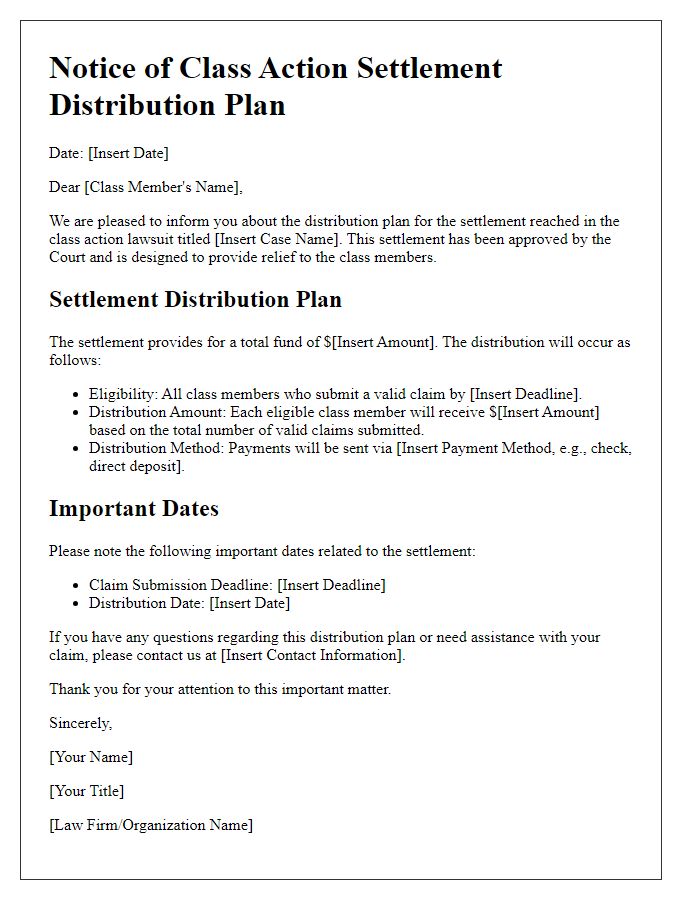 Letter template of class action settlement distribution plan