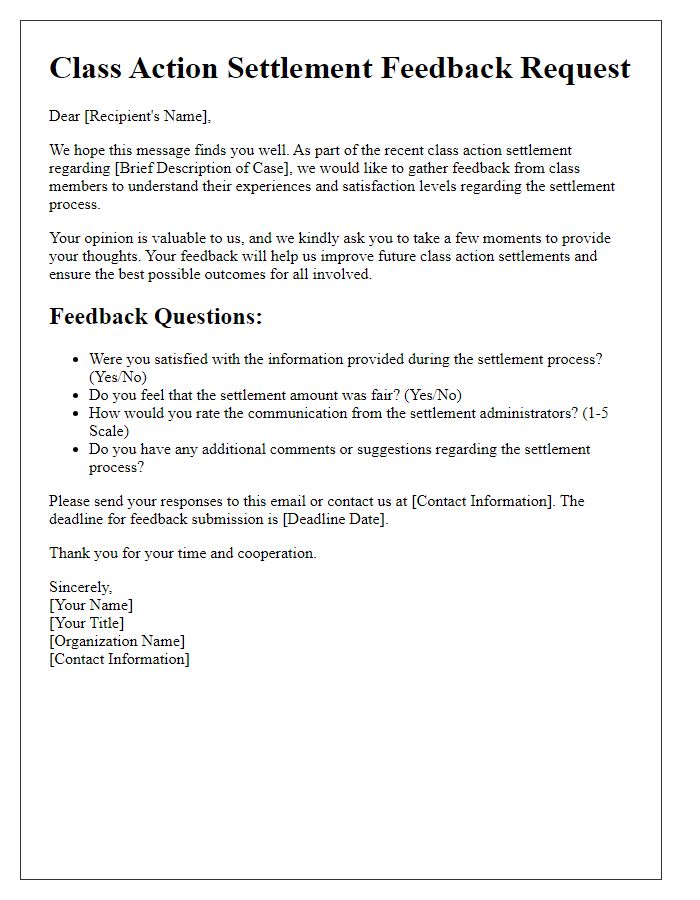 Letter template of class action settlement feedback request