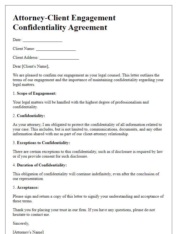 Letter template of attorney-client engagement confidentiality.