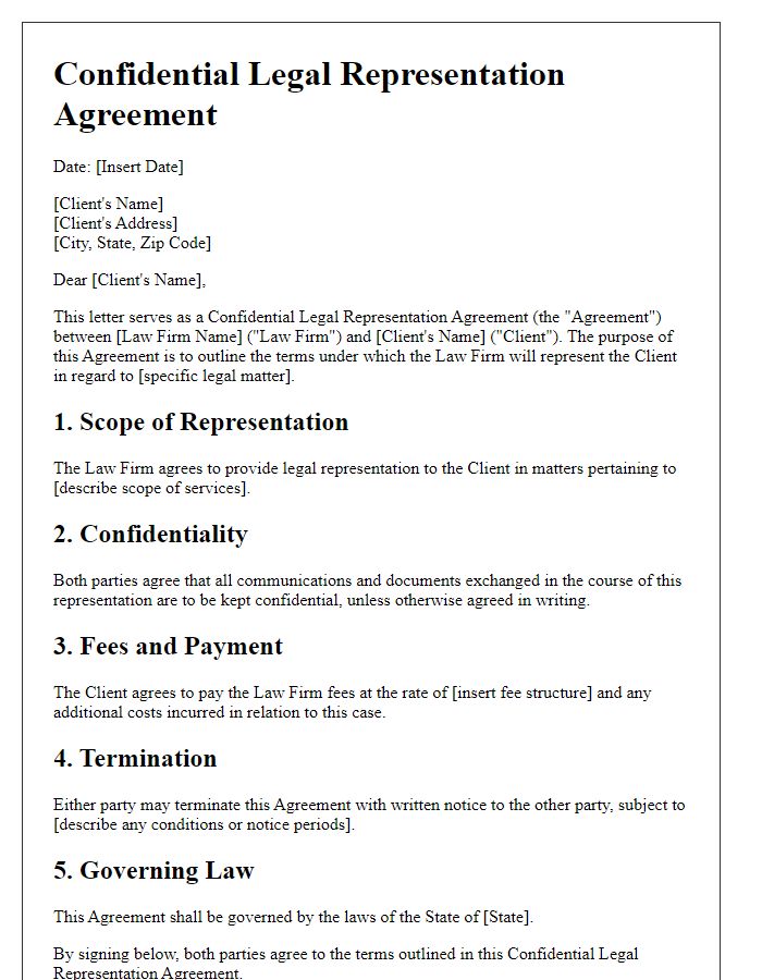 Letter template of confidential legal representation agreement.