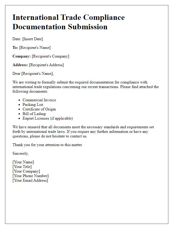 Letter template of international trade compliance documentation submission