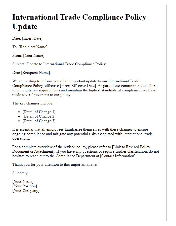 Letter template of international trade compliance policy update