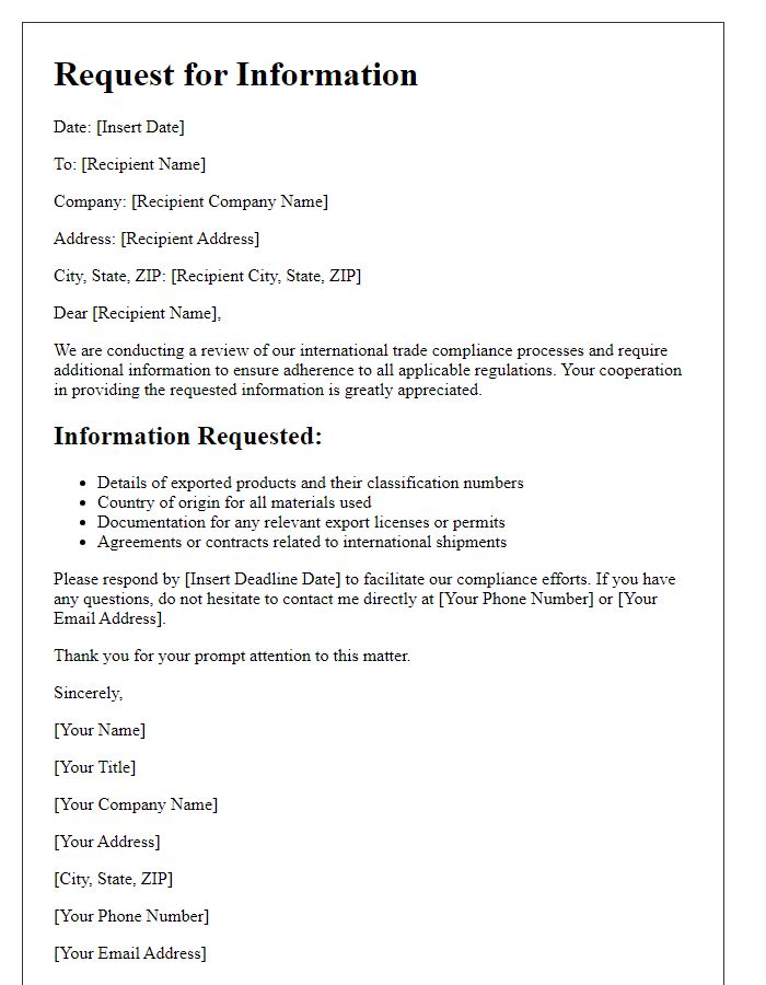 Letter template of international trade compliance request for information