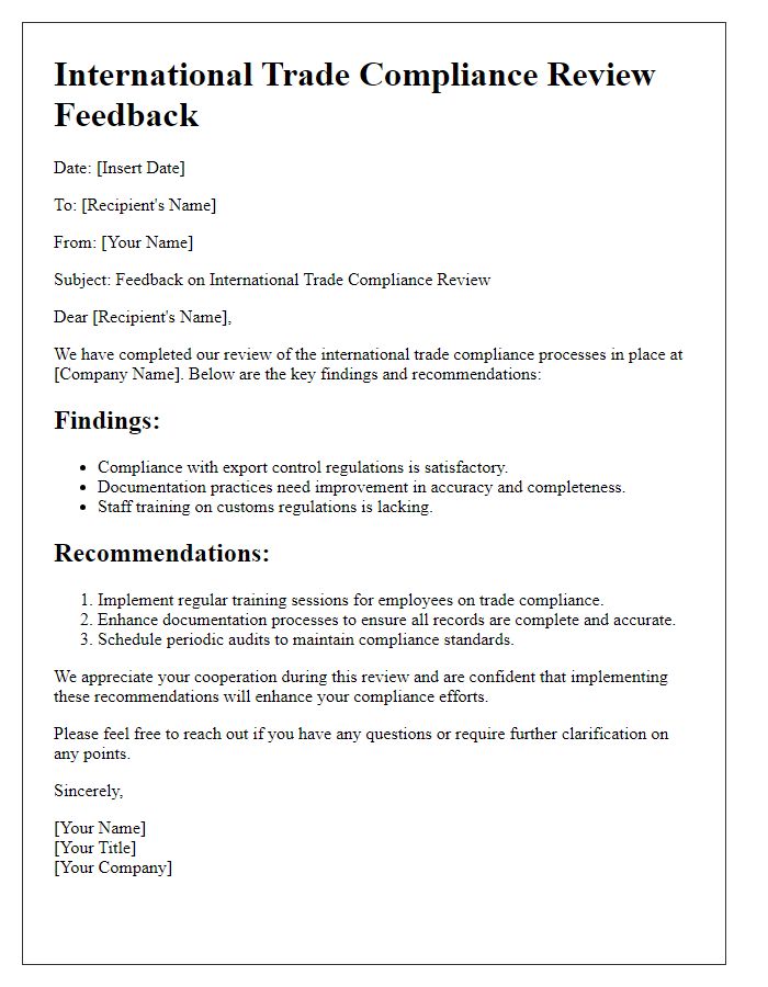 Letter template of international trade compliance review feedback