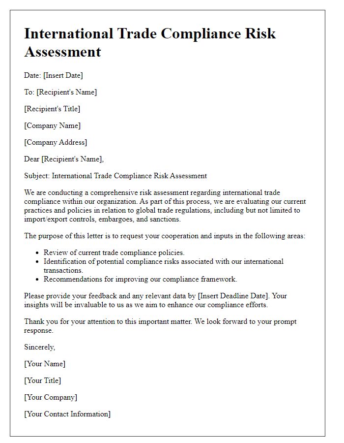 Letter template of international trade compliance risk assessment