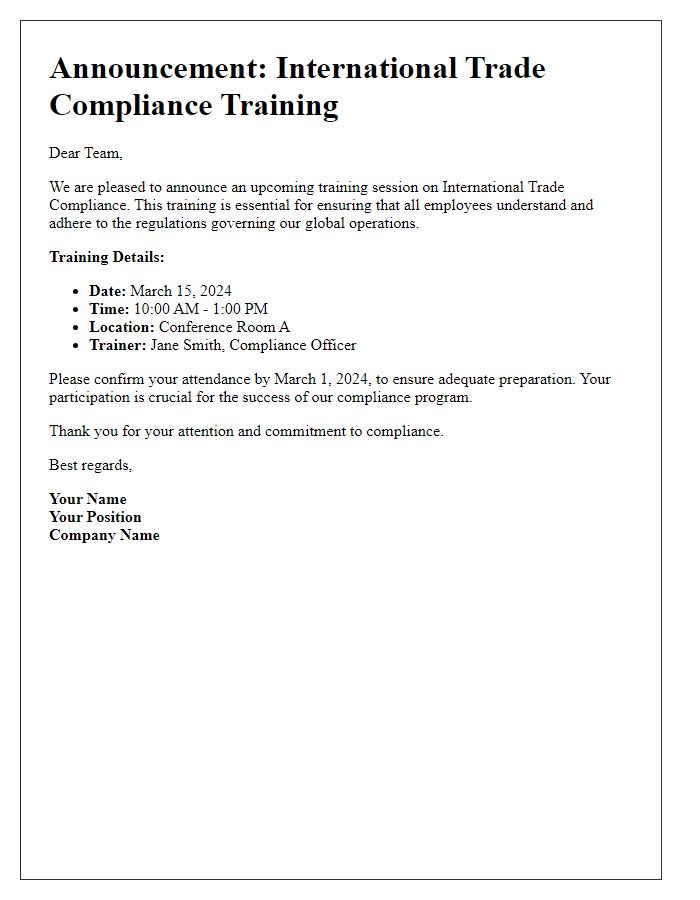 Letter template of international trade compliance training announcement