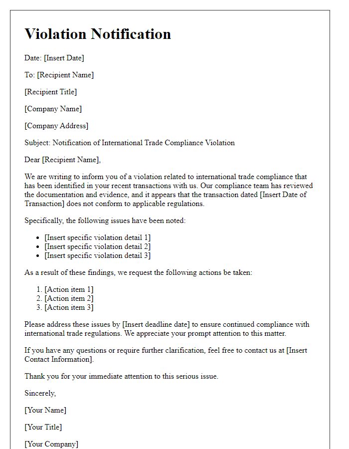 Letter template of international trade compliance violation notification