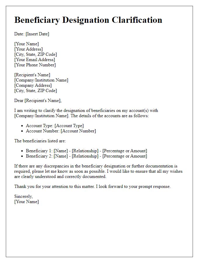 Letter template of beneficiary designation clarification