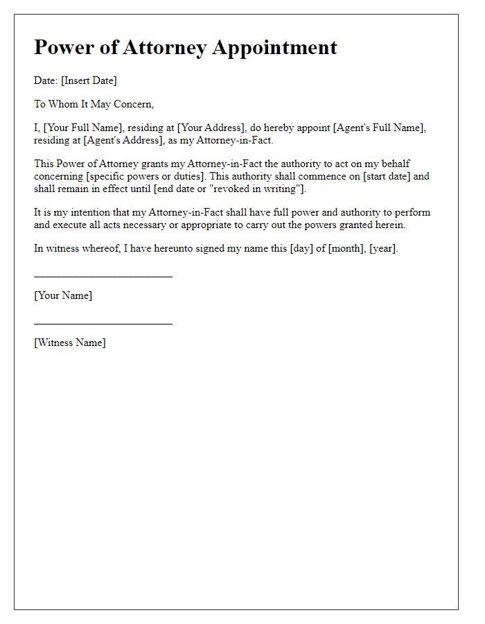 Letter template of power of attorney appointment