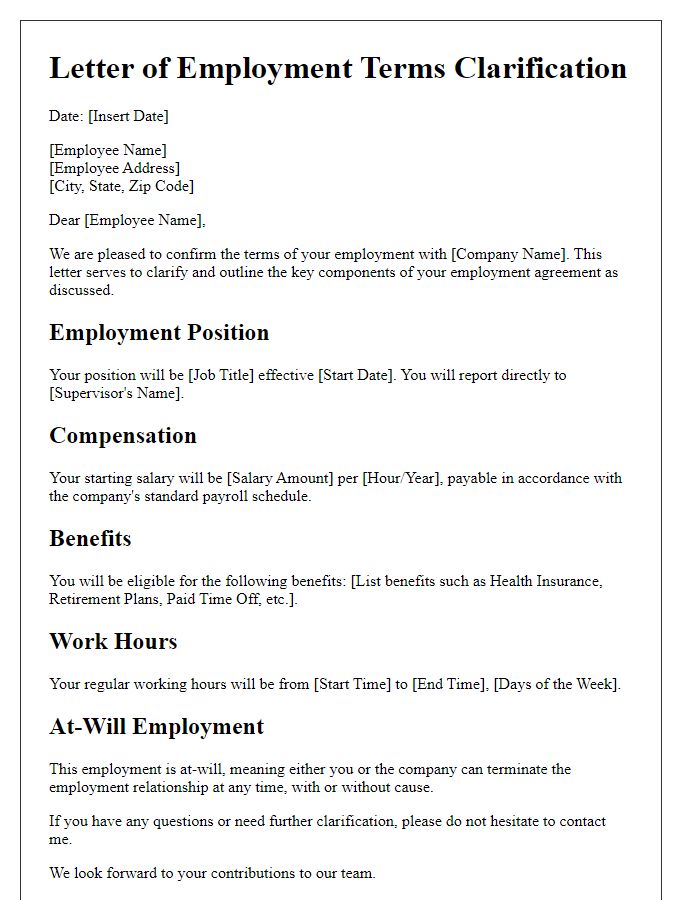 Letter template of employment terms clarification