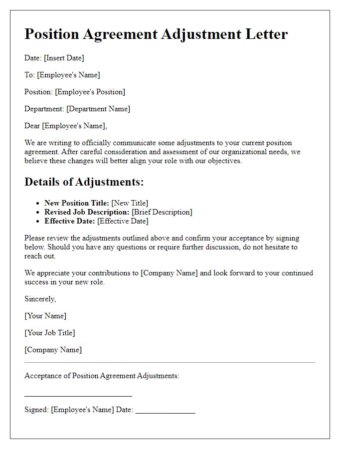 Letter template of position agreement adjustments