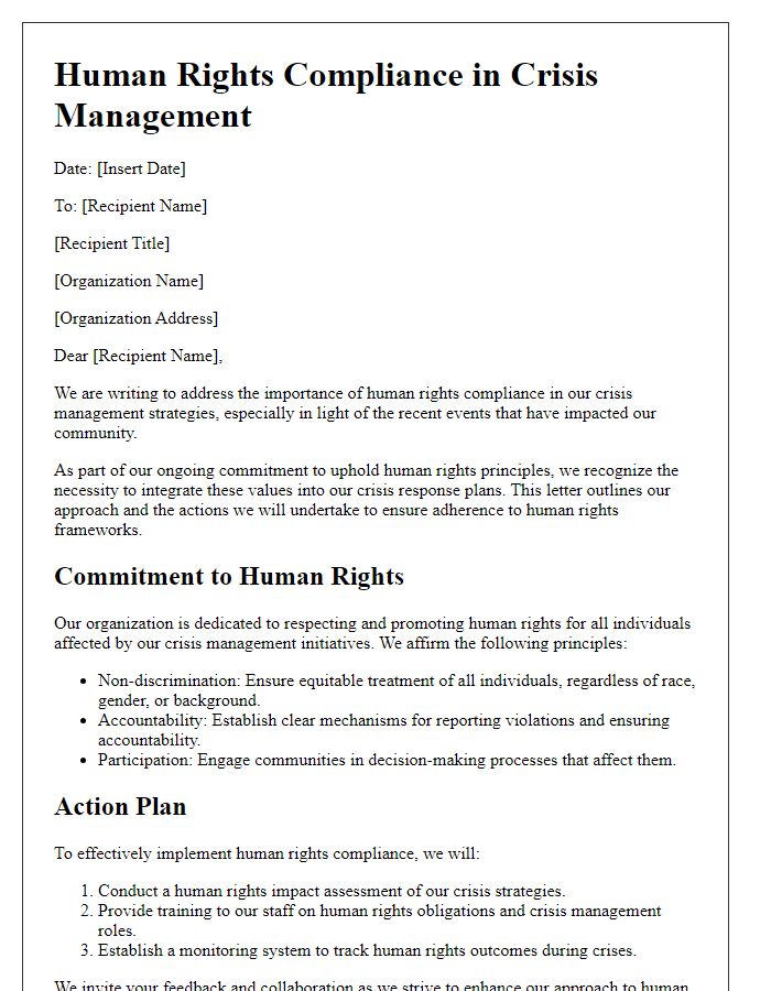 Letter template of human rights compliance for crisis management strategies.