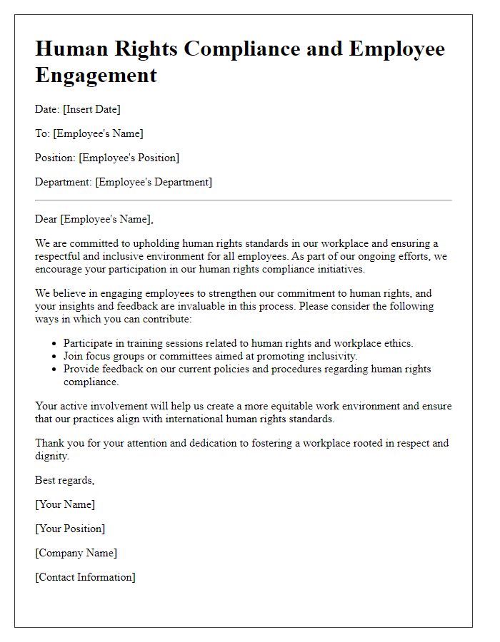 Letter template of human rights compliance for employee engagement.