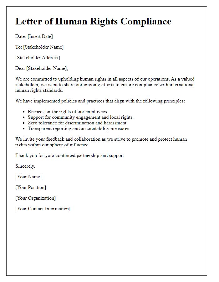 Letter template of human rights compliance for stakeholder communication.