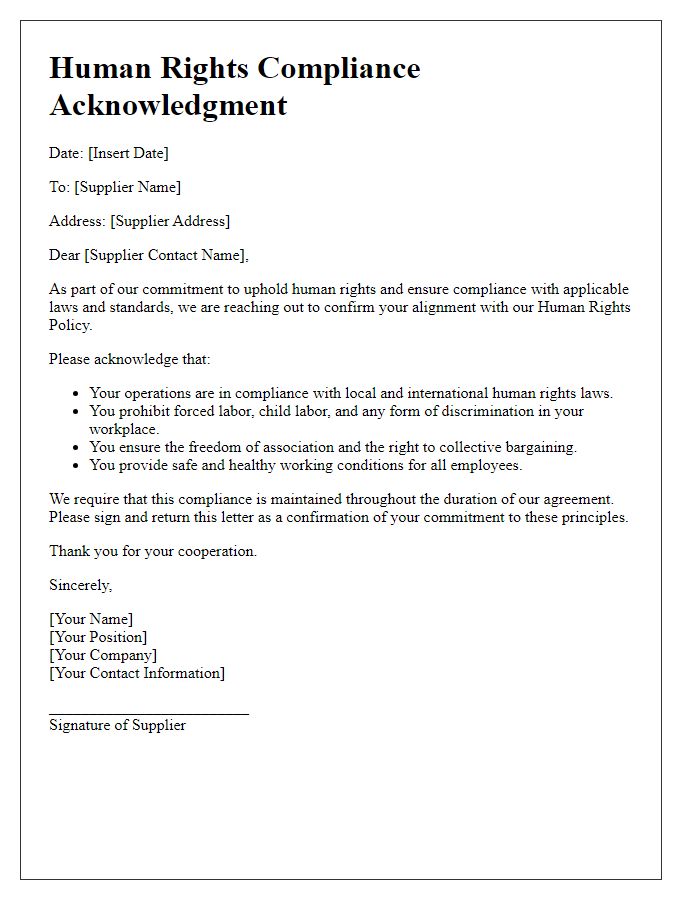 Letter template of human rights compliance for supplier agreements.