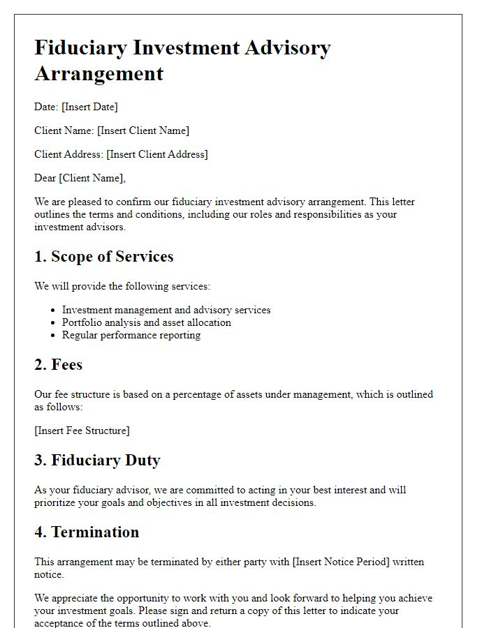 Letter template of fiduciary investment advisory arrangement