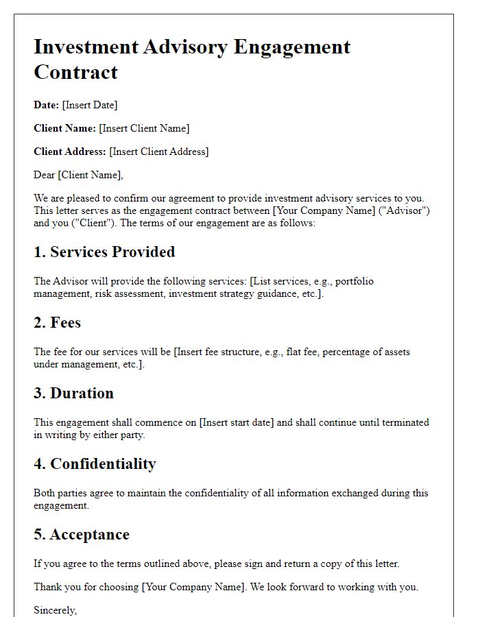 Letter template of investment advisory engagement contract