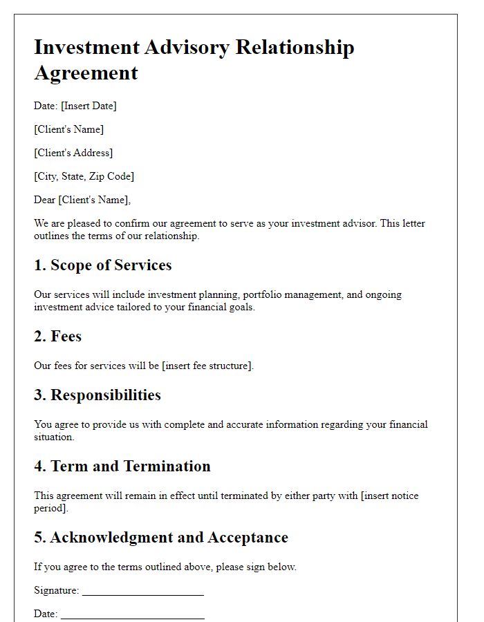 Letter template of investment advisory relationship agreement