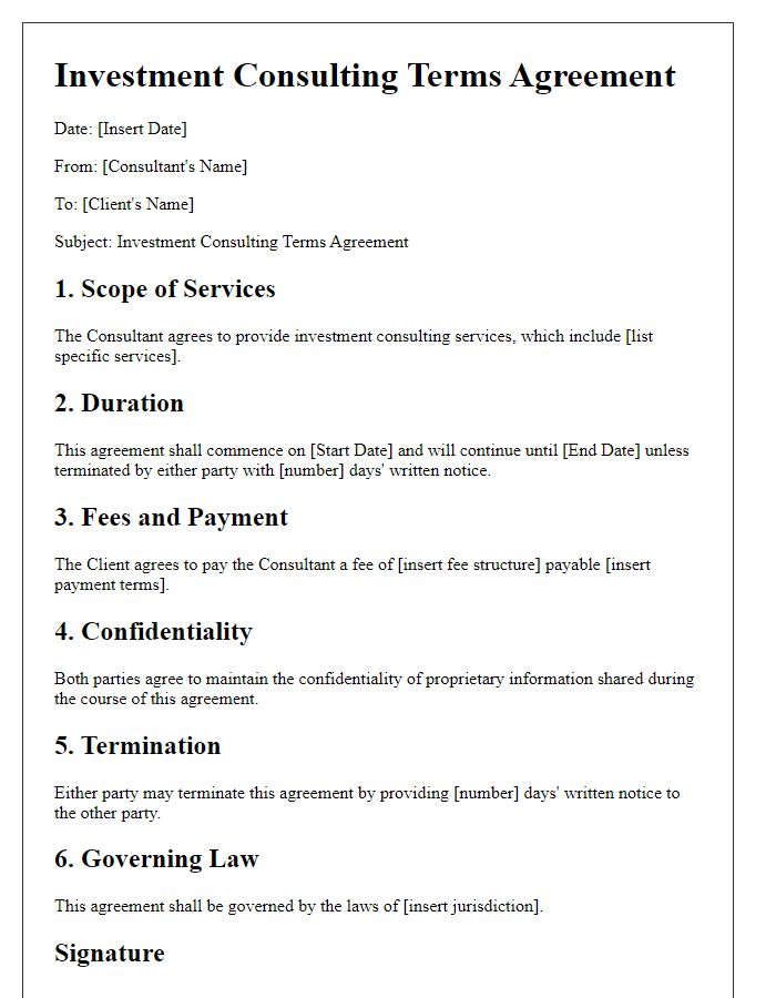 Letter template of investment consulting terms agreement