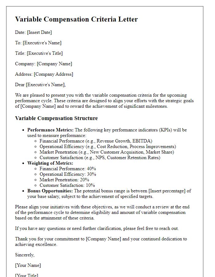 Letter template of variable compensation criteria for executives