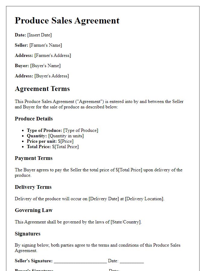 Letter template of produce sales agreement for farmers