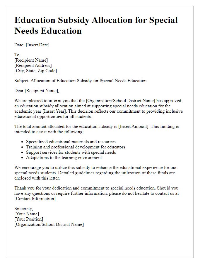 Letter template of education subsidy allocation for special needs education.