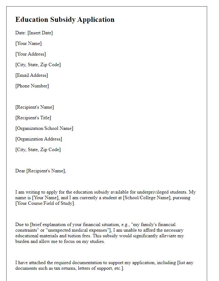 Letter template of education subsidy application for underprivileged students.