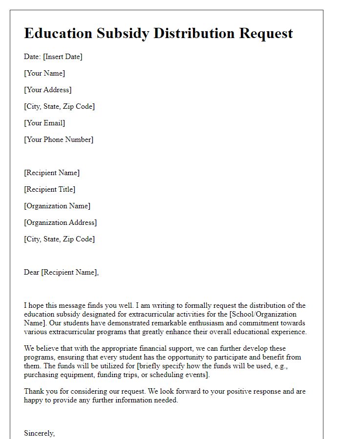 Letter template of education subsidy distribution request for extracurricular activities.