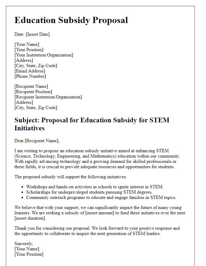 Letter template of education subsidy proposal for STEM initiatives.