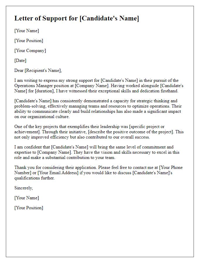 Letter template of support for promoting an operations manager candidate.