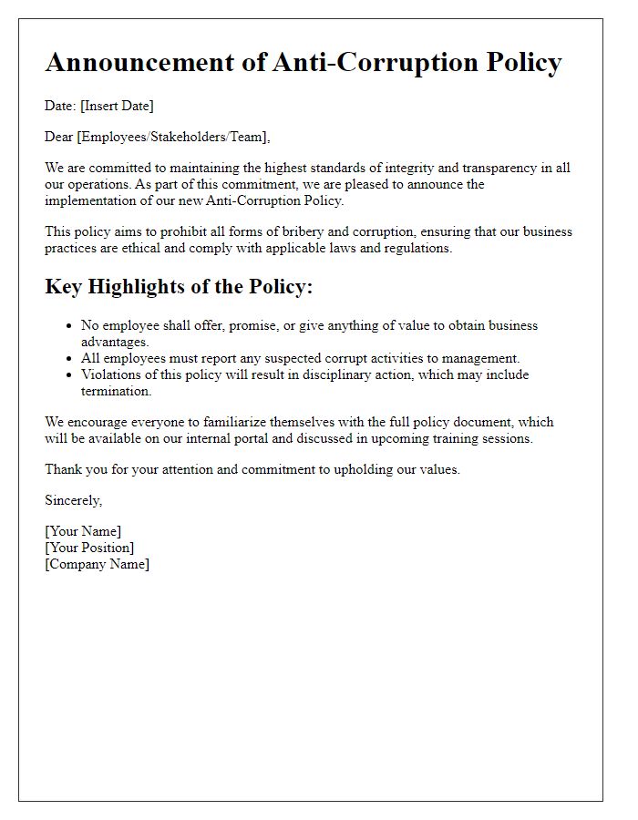 Letter template of anti-corruption policy announcement