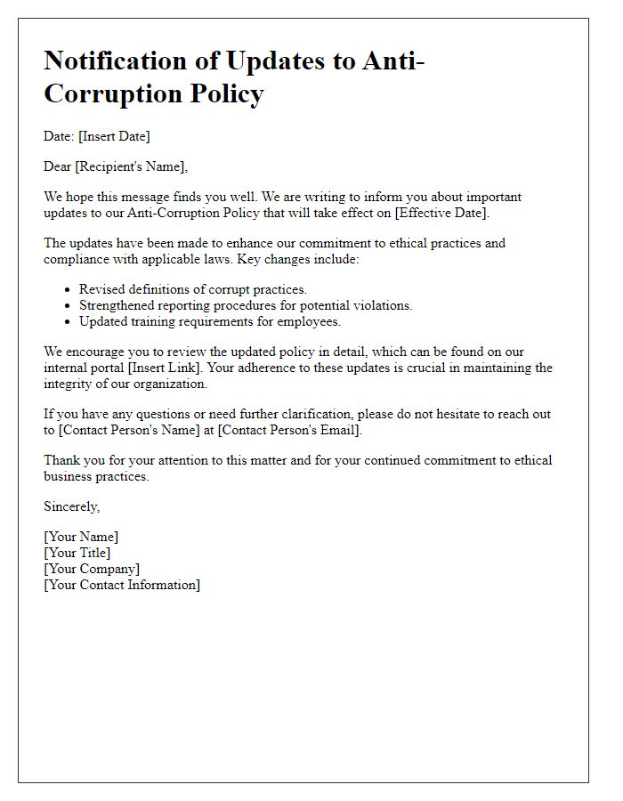 Letter template of anti-corruption policy updates notification