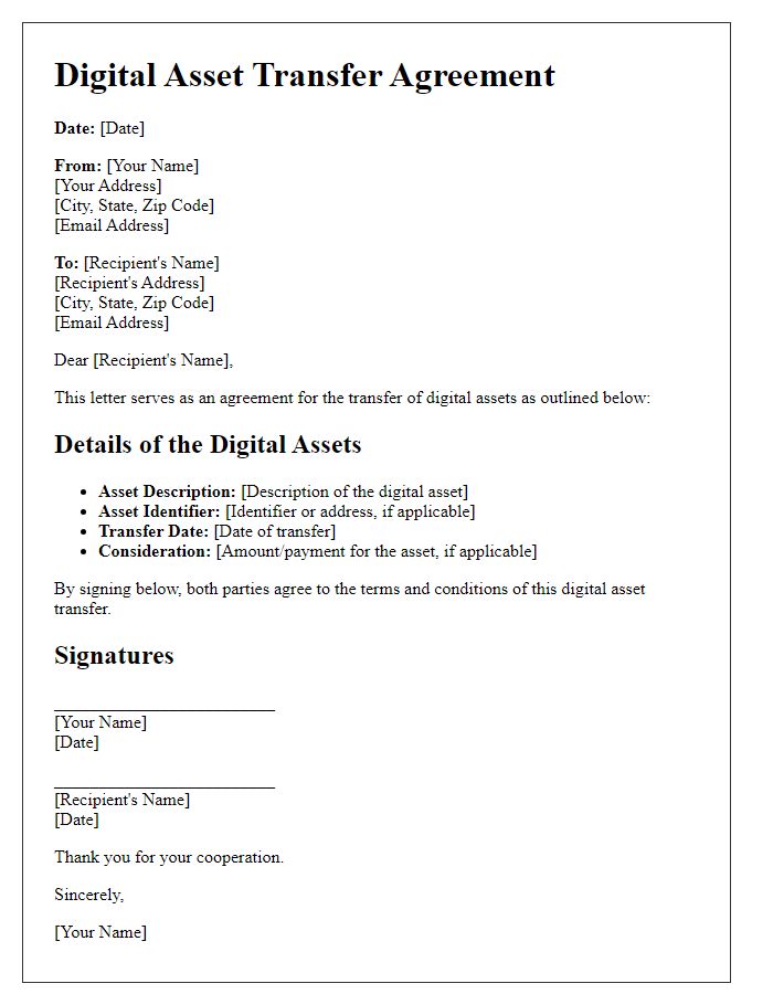 Letter template of digital asset transfer agreement