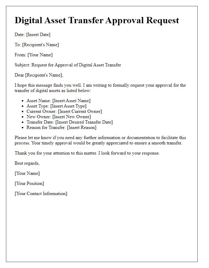 Letter template of digital asset transfer approval request