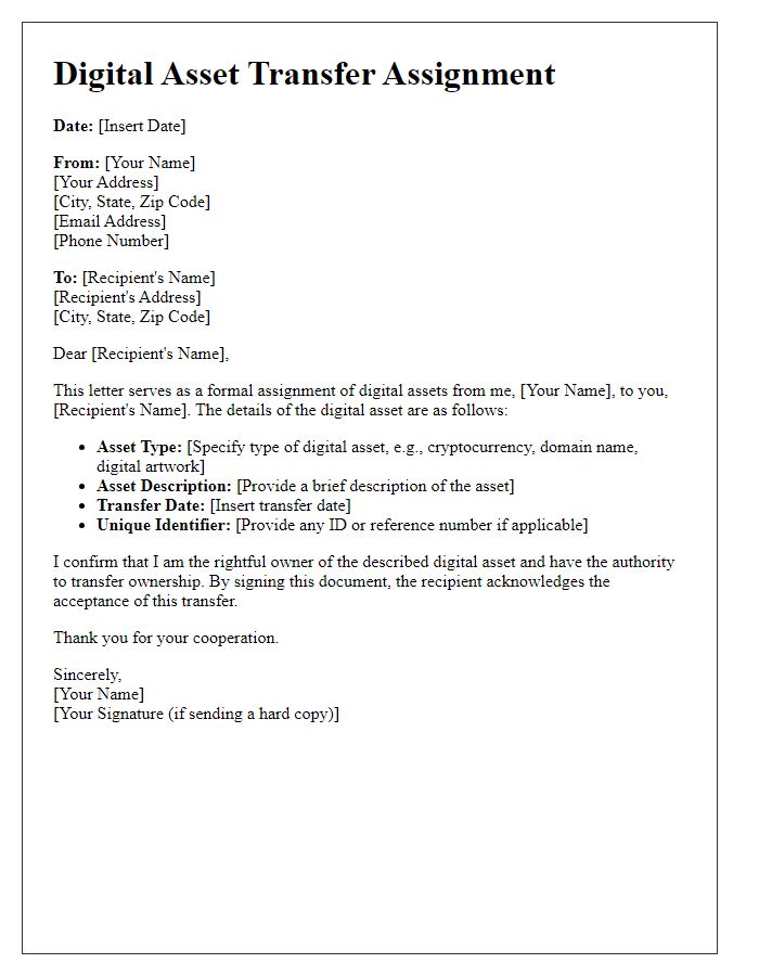 Letter template of digital asset transfer assignment