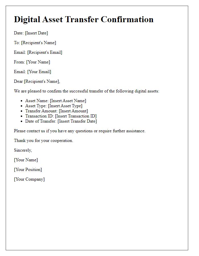 Letter template of digital asset transfer confirmation