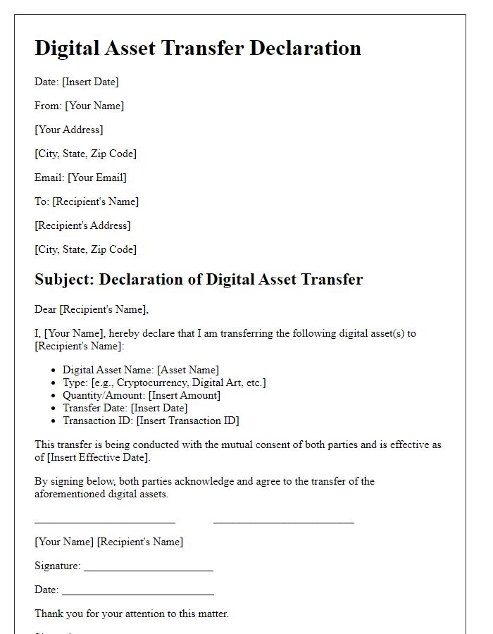 Letter template of digital asset transfer declaration