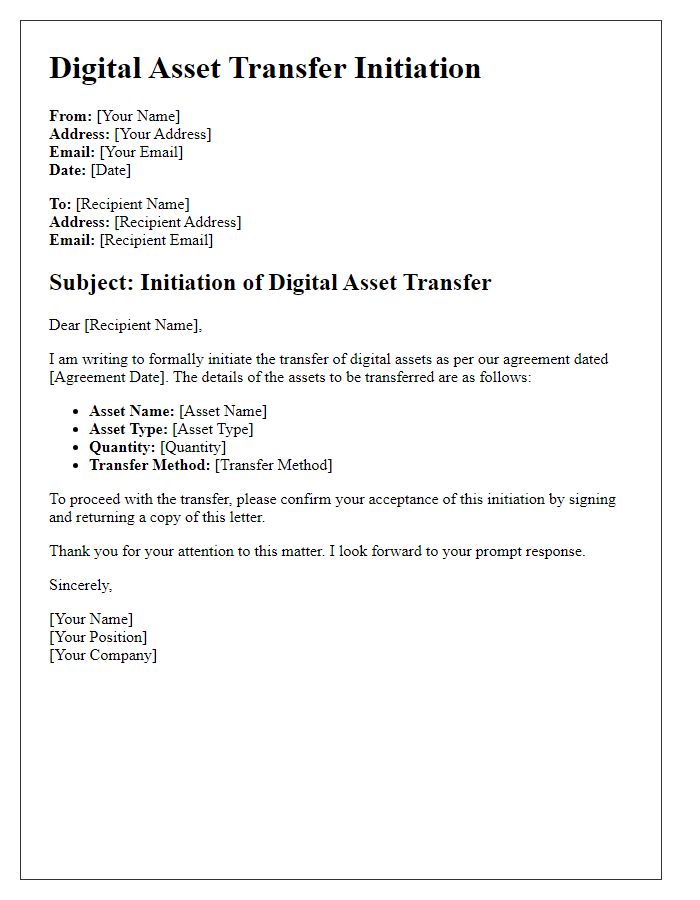 Letter template of digital asset transfer initiation