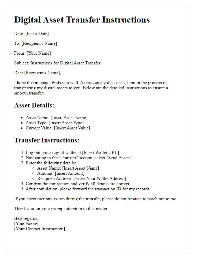 Letter template of digital asset transfer instructions