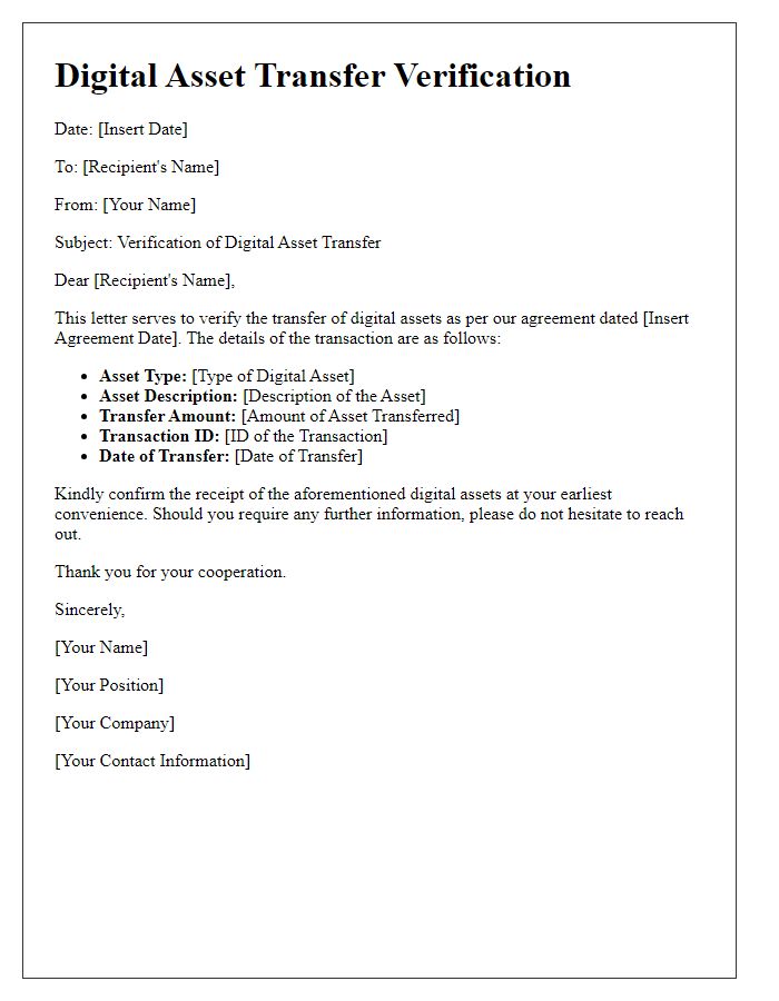 Letter template of digital asset transfer verification